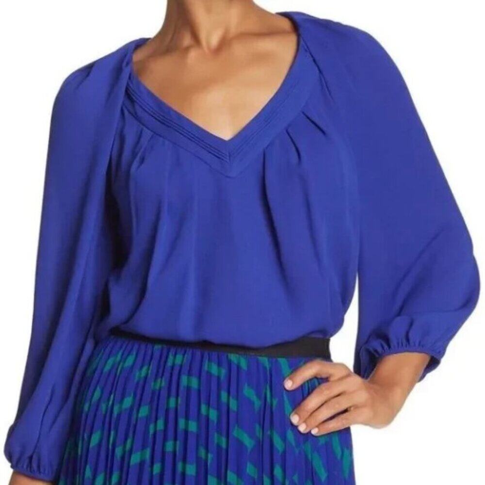 Diane Von Furstenberg Cahil Blouse Silk Blue DVF Minimalist Preppy Summer Office